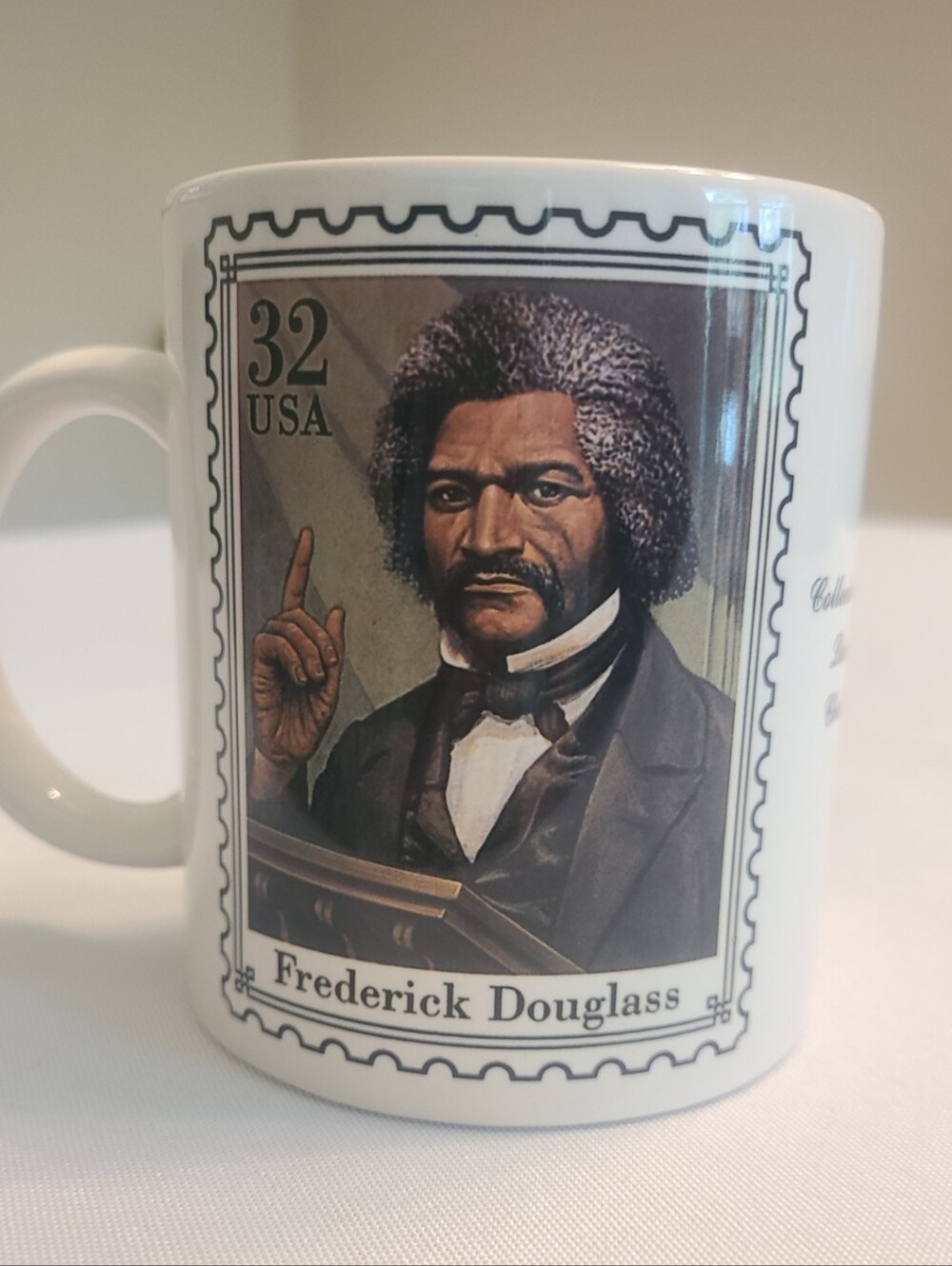 Mug Featuring Postage Stamps Honoring Frederick Douglass and Phoebe Pember